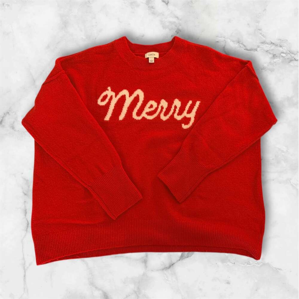 CeCe Merry Graphic Crewneck Sweater Red Holiday Pullover Size L